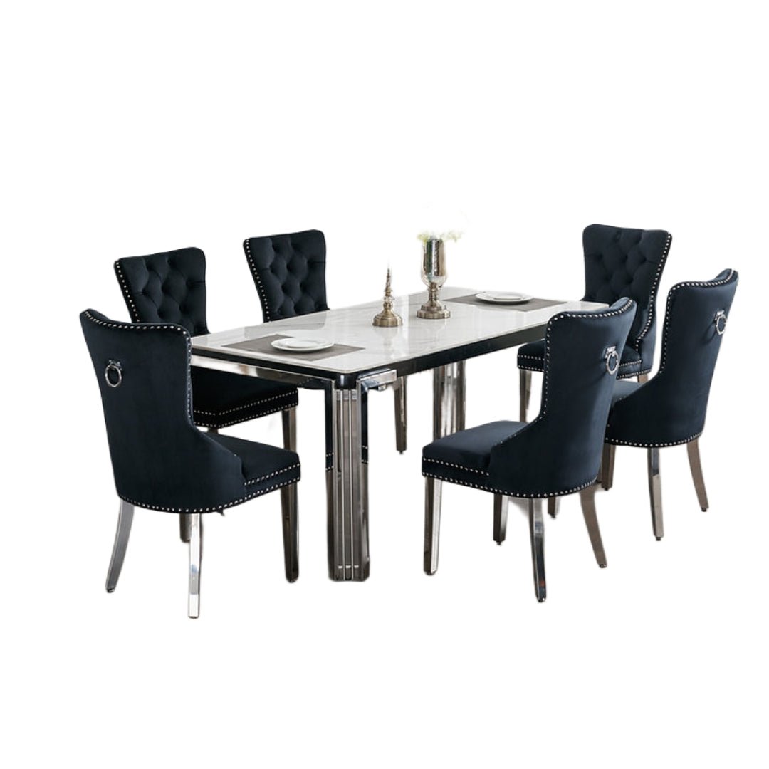 Ceramic Marble Dining Set with Lion Knocker Velvet Chairs – T-1274