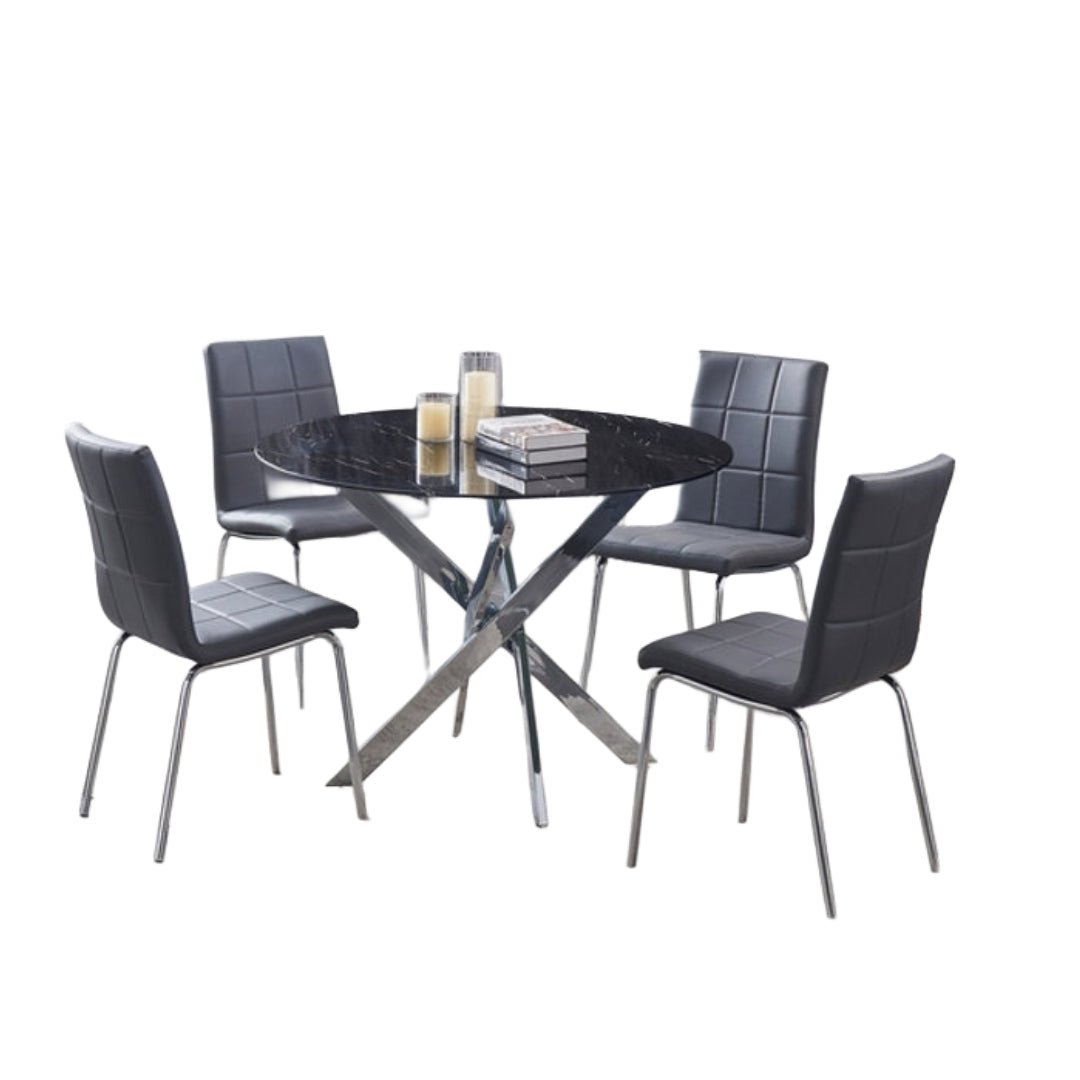 Round Black Marble Glass Dining Set with Chrome Legs – Model T-1446