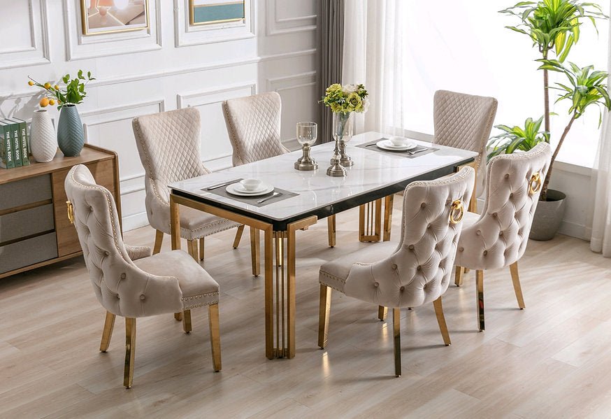 White Ceramic Marble Dining Set with Gold Velvet Chairs – T-1275