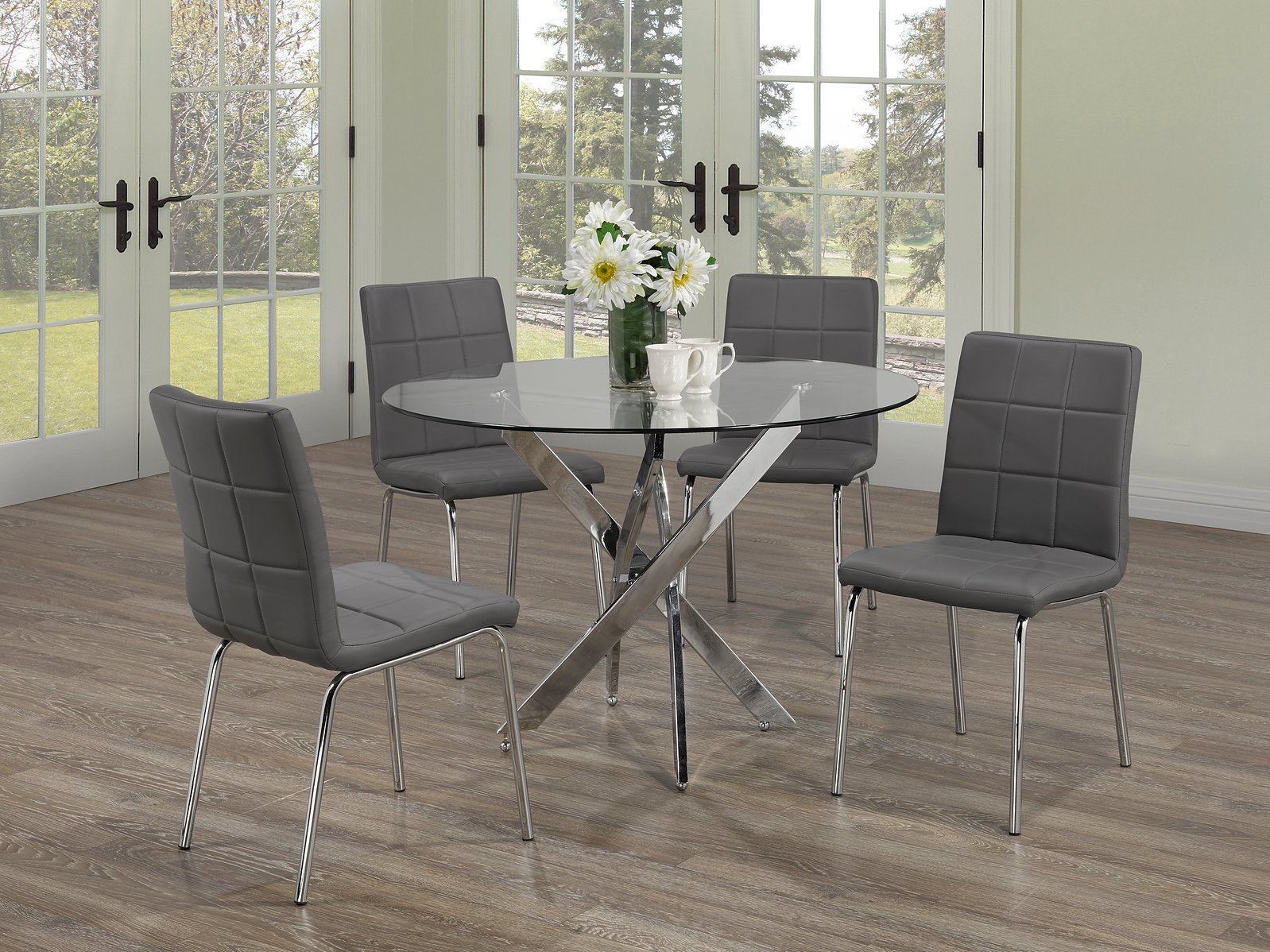 Contemporary Round Glass Dining Set with Chrome Legs – Model T-1447